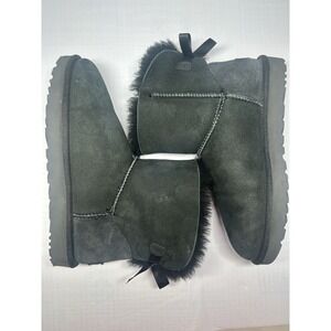 UGG Classic Mini Bailey Bow II Boots Black Suede Sheepskin Size 10 Preowned